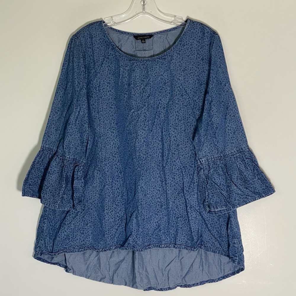 John Mark Top Womens Large Blue Leopard Chambray‎ Denim Artsy Hi Lo 3/4 Sleeve L